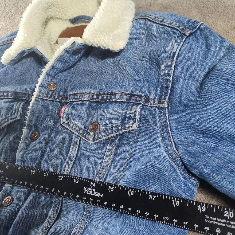 Levi’s‎ Premium Mens S Sherpa Lined Denim Trucker Jacket Blue Western Light Wash - Picture 6 of 13
